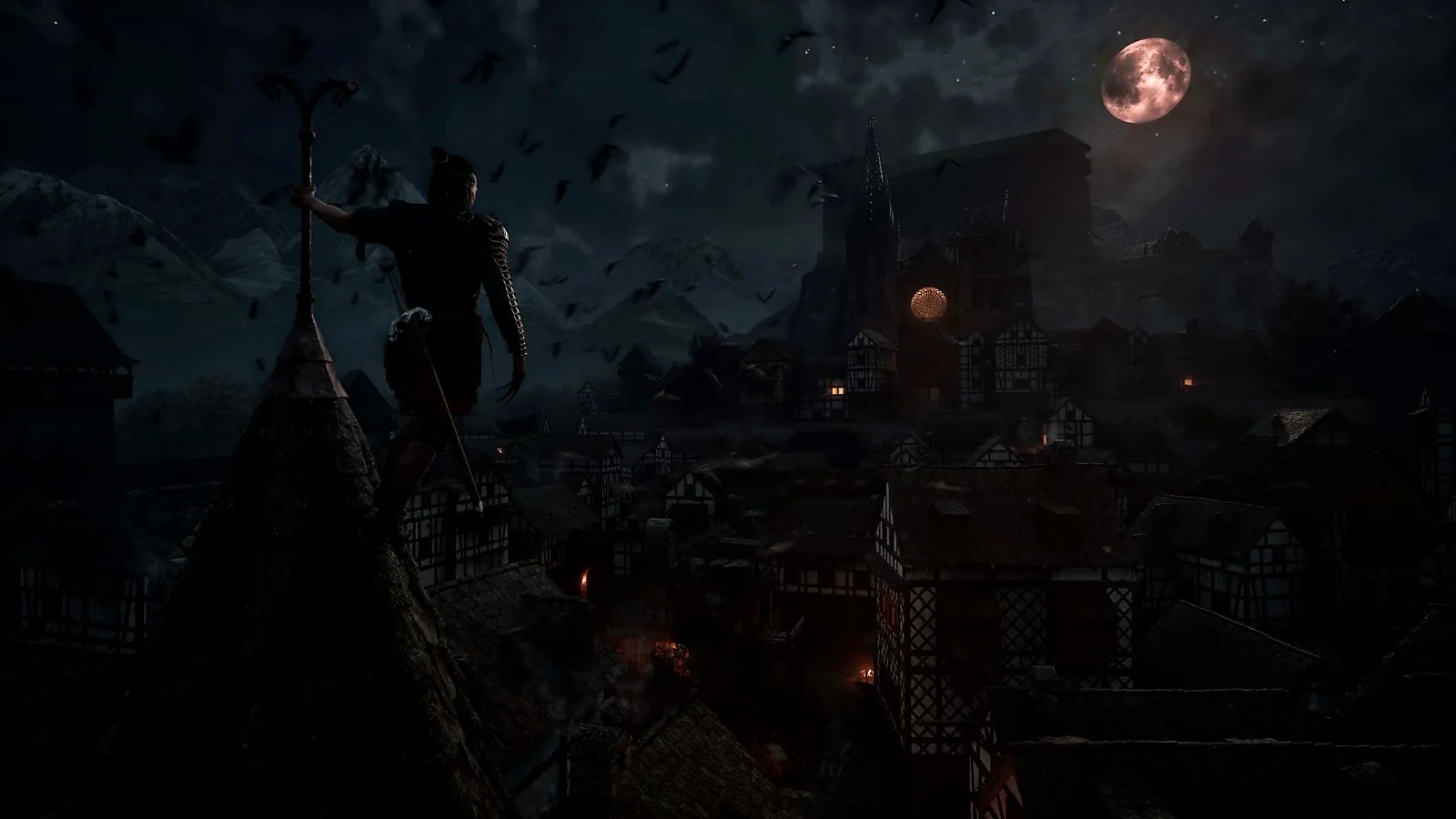 Coen overlooking a moonlit medieval settlement in The Blood of Dawnwalker